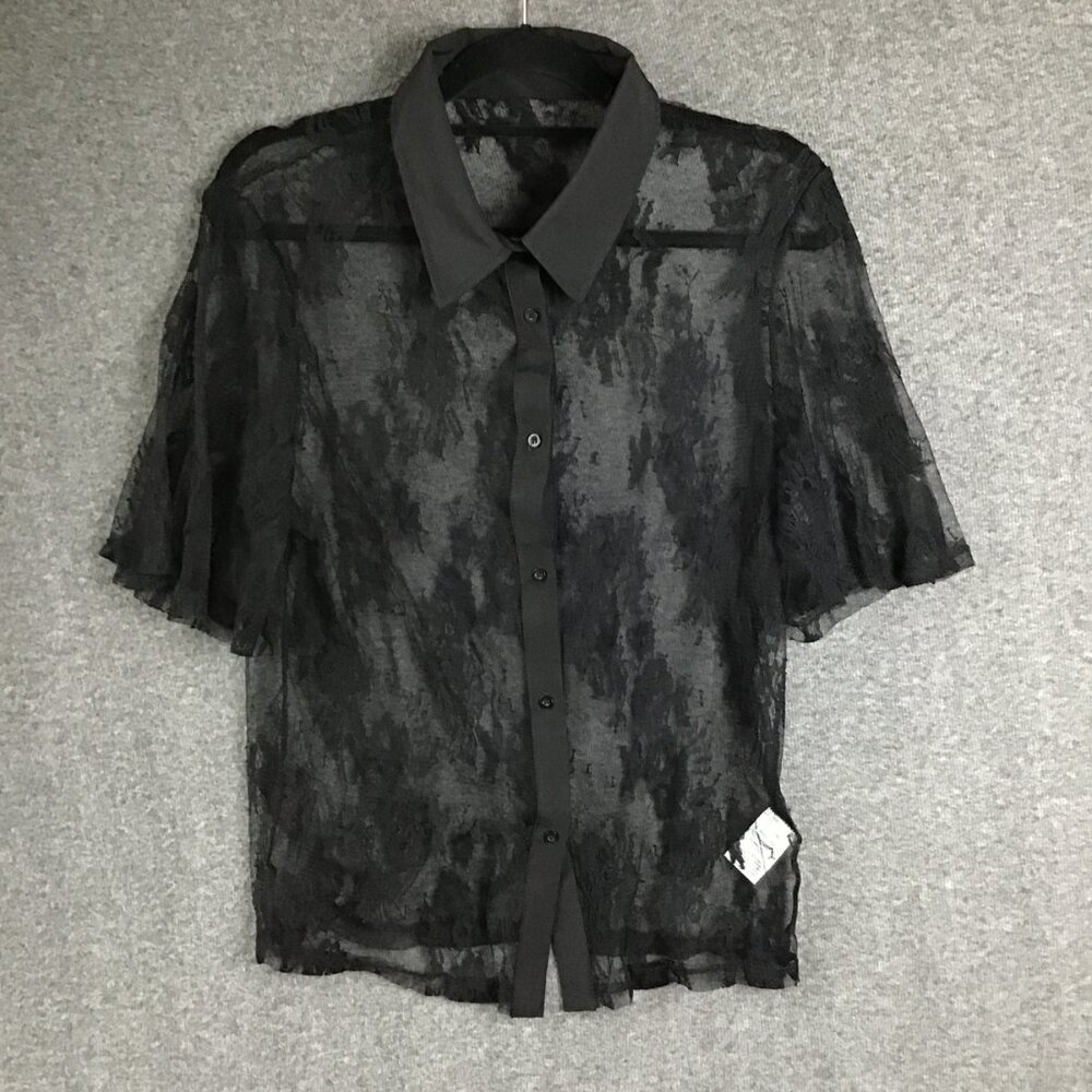 Black Button Up Delicate Lace Flutter Sleeve Shir… - image 4